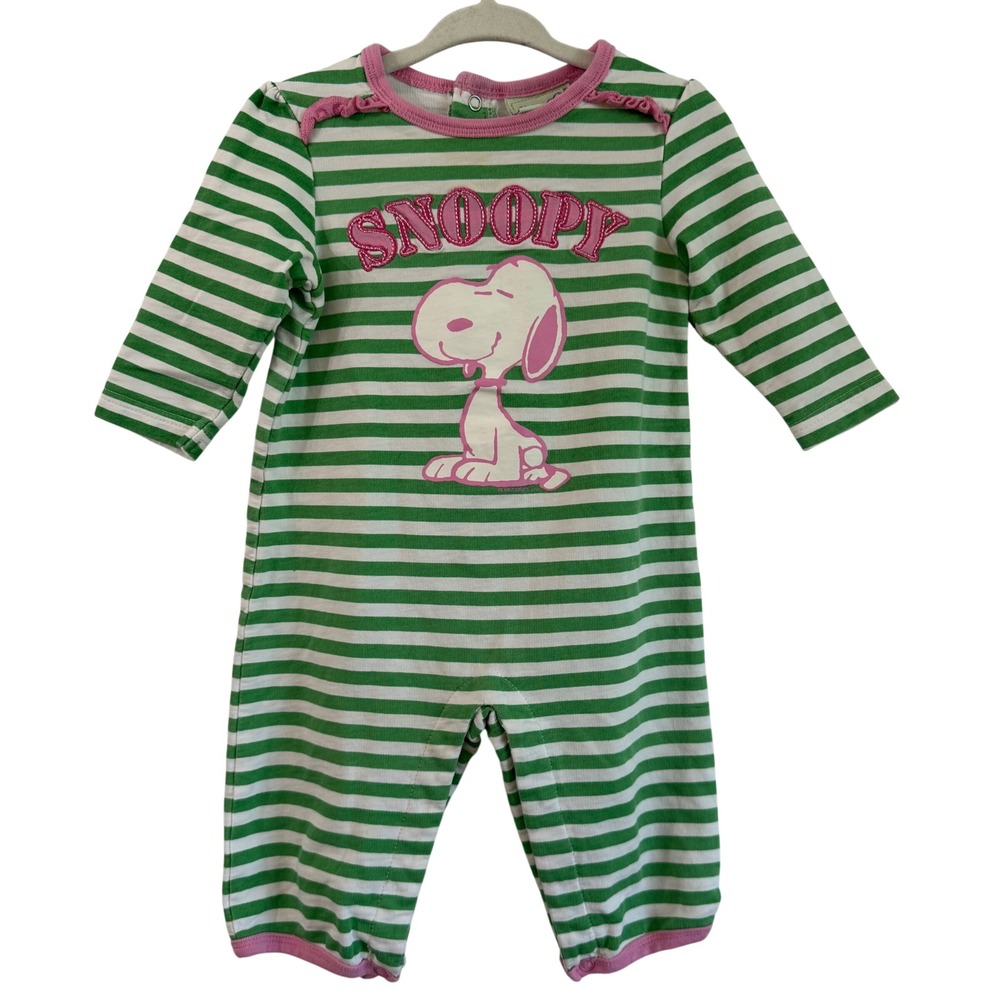 Vintage Snoopy Peanuts Stripped Color Block Romper Girls Pink Green 6 Months